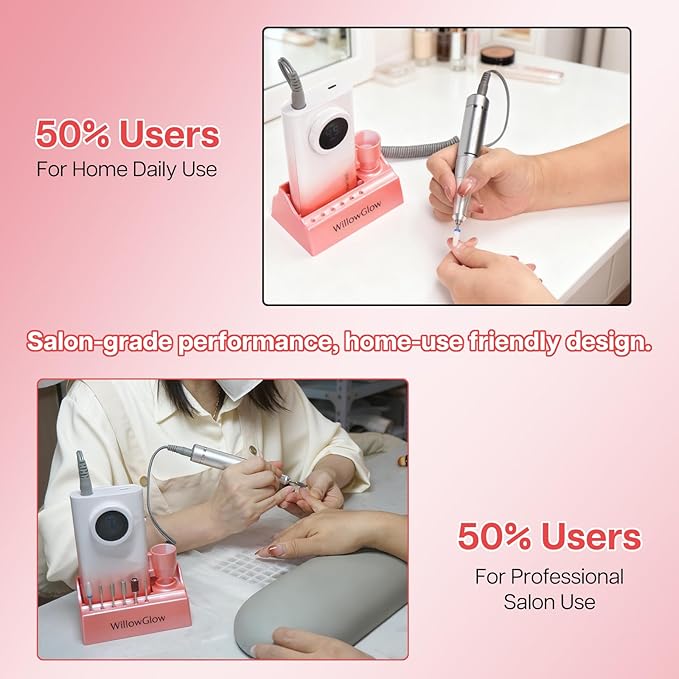 Professional Nail Drill with Charging Dock & Ceramic/Tungsten Bits, 45000RPM Stepless Speed Cordless Efile for Fast Acrylic Gel Removal, Electric Nail File Machine for Home Salon Use (Gradient Pink)