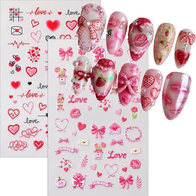 2Sheets 5D Valentines Nail Art Stickers Embossed Love Letter Rose Flower Design Cute Nail Decals Romantic Heart Nail Stickers Self Adhesive Wedding Nail Art Supplies Accessories for Women Manicure