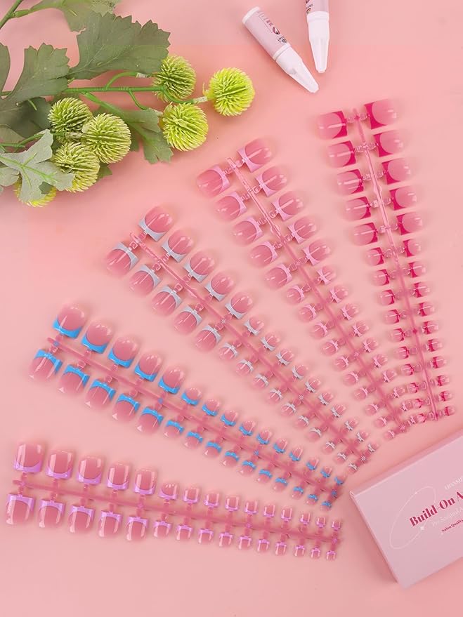 Toe Press On Nails French Tip, EBANKU 150 Pcs Pink Red Blue Purple Light Green Toe Nail Tips Press On Toenails Fake Toe Nail with Nail Glue for Women Nails DIY Salon Home 15 Sizes