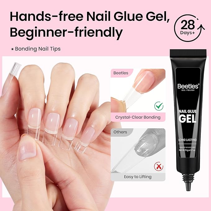 Beetles Gel Nail Kit Flat-X, Square Medium, 320pcs 16 Sizes Nail tips, with 15g Nail Glue Gel Hands-Free, 7.5ml Base Gel & Top Coat, Mini Lamp, for Acrylic Press On Nail, Extension DIY Set at Home