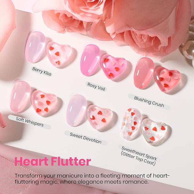 Beetles Rubber Base Gel Nail Polish with Gel Top Coat Pink & Red Heart Shape, 5 Colors Nude Gel Polish Pink Peach Neutral Sheer Nails Base Flexible U V LED Soak Off Gifts for Women