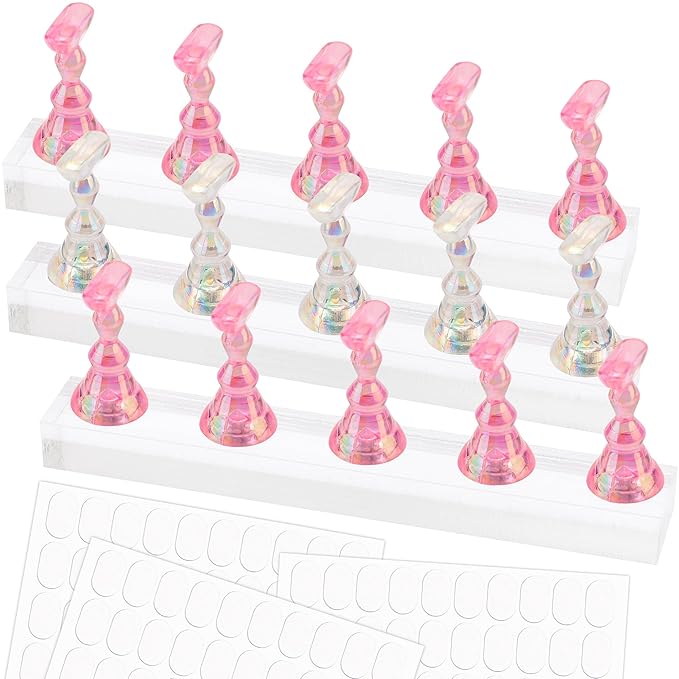 Nail Stand for Press Ons, Nail Holder for Painting Nails, Upgraded Solid Acrylic Magnetic Fake Nail Stands Tips, 3 Nail Holder with Double-sided Tape Practice Nail Art Tools