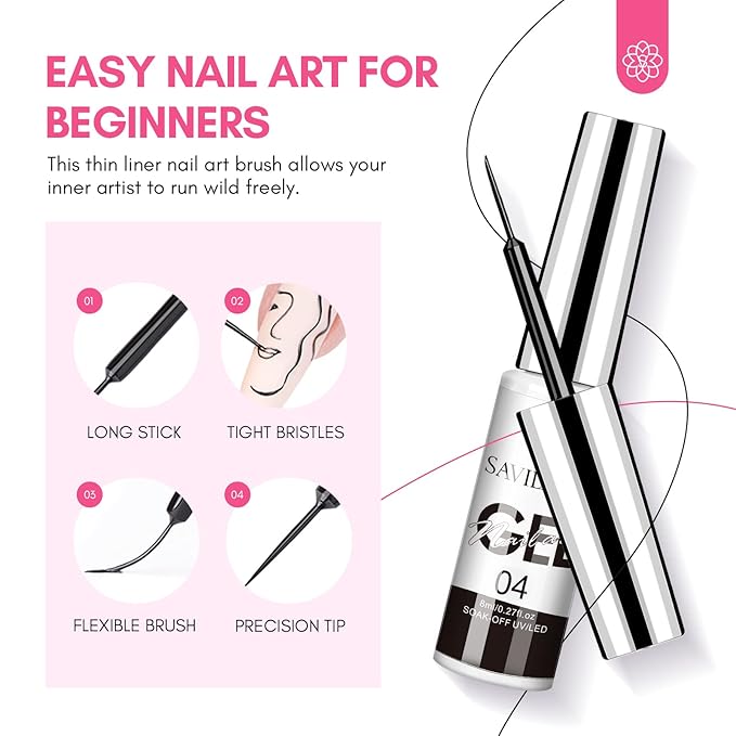 SAVIALND Gel Nail Art Polish Set: Nail Art Pens Markers Gel Liner Nail Art Polish Set Paint Set with White Red Silver Gold Nail Painting Drawing for Line Pulling Nail Polish Drawing