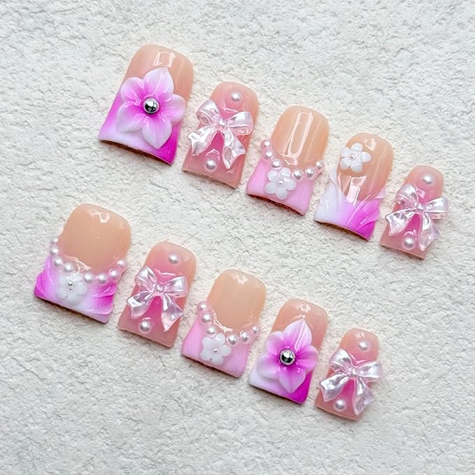 Luxury Handmade Duck Press on Nails Gradient Pink French False Nails with Glue,Medium Fake Nails Bow Art ＆ 3D Flower Design Muti-Layer Gel Thick Press ons Nail Reusable Acrylic Nails for Women(Size S)