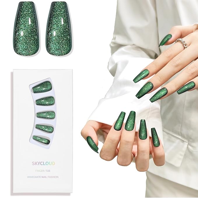 Dark Green Cat Eyes Press On Nails,12 Sizes - 24 Pcs Soft Gel Green Medium Coffin Fake Nails Kit with Nail Glue, Natural Reusable Stick On False Nails for Women and Girls SK0998