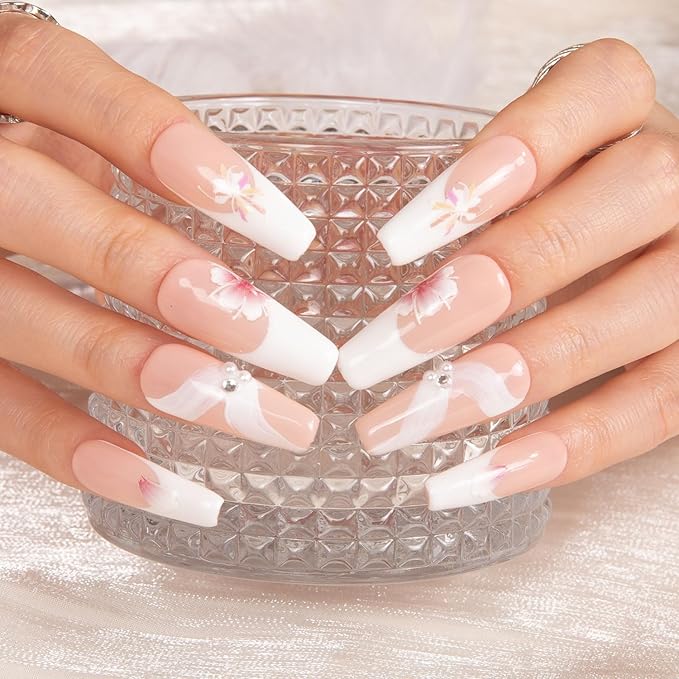 LOVFUL Press on Nails Falling | Handmade with Full Covered Crystals | Reusable Full Cover Nails | Coffin Classic Regular 1.3 in | H277-S