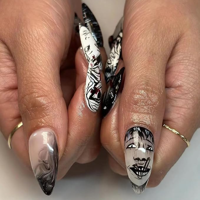 24pcs Almond Press On Nails - Medium Gothic Anime Design, Black & White, Full Cover, Glossy, Reusable DIY Nails for Women's Manicure