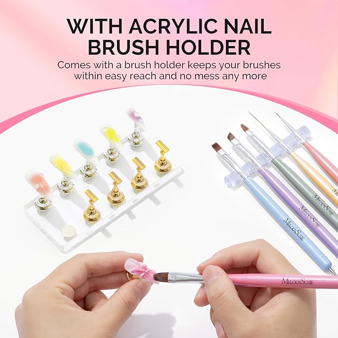 MelodySusie Nail Stand for Press Ons, Big Transparent Acrylic Magnetic Base for Practice Painting Display with Brush Holder and 100 Pcs Reusable Double-Sided Tape for Home DIY Salon Supplies