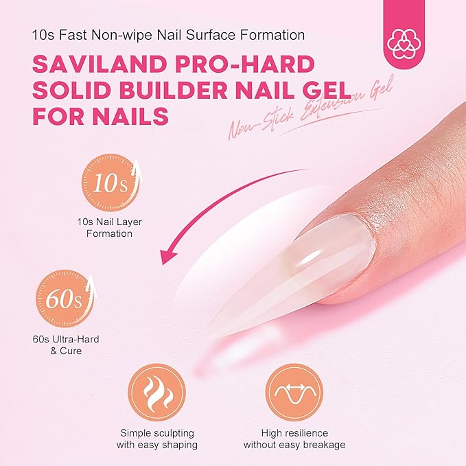 SAVILAND PRO-Hard Solid Builder Nail Gel for Nails: 2026 Ultra-Strength | Non-Sticky | Clear 3D Nail Gel with U V Lamp for 3D Nail Carving Emboss & Fast Extension Professional Use Salon