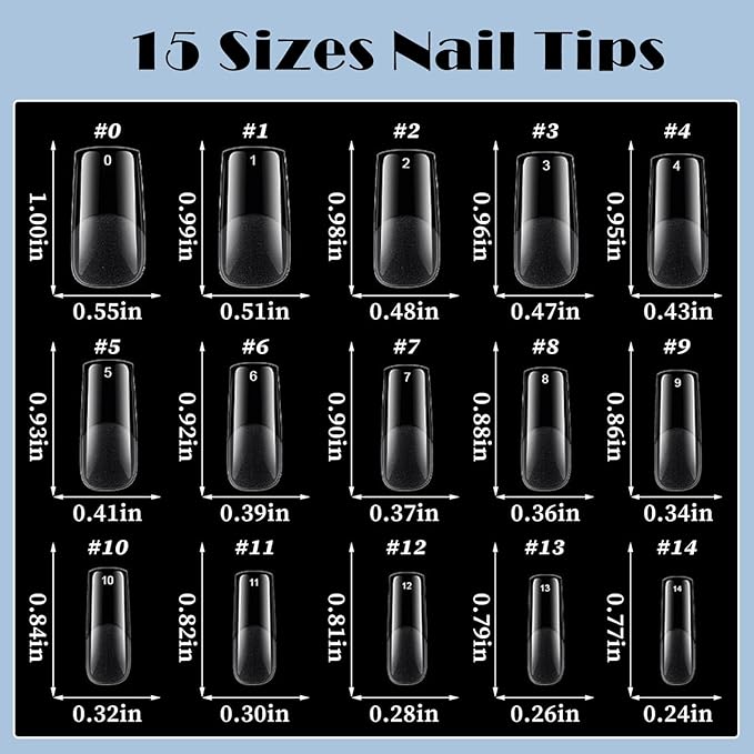 AddFavor Medium Square Gel Nail Tips - 600pcs Clear Acrylic Nails Tips Medium Fake Nails Full Cover Soft Gel Nail Tips for Nail Extension, Press on Nails 15 Sizes Artificial False Nails