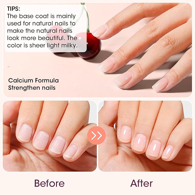 GELLEN Clear Nail Polish Base Coat Sheer Milky White, Calcium-Formula Regular Nail Polish Strengthens Nails, Enhances Nails Natural Look, Quick Air Dry, TPO & Hema Free, Non-toxic