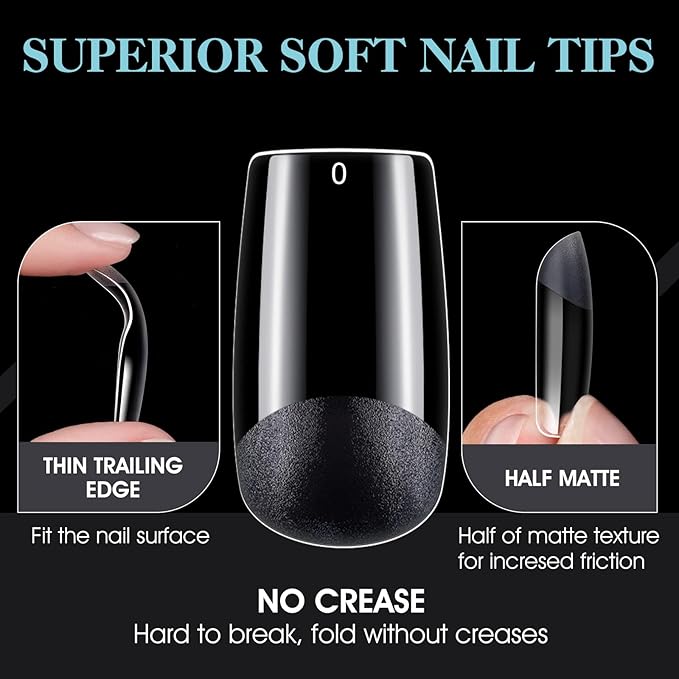 Gelike EC Soft Gel Full Cover Nail Tips Kit for Soak Off Nail Extensions, 552 Pcs Clear Medium Square Gelly Tips Pre-Buff PMMA False Press on Nail Tips, 12 Sizes