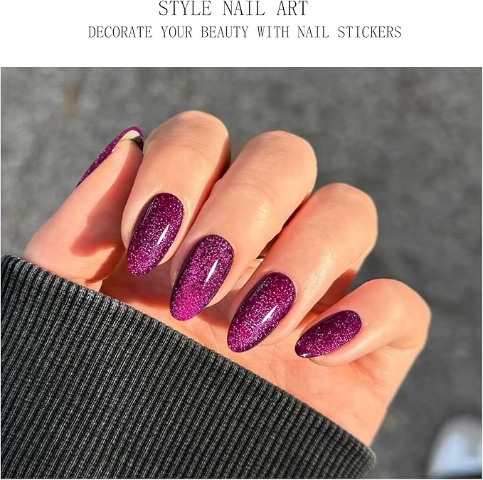 JMEOWIO Gel Nail Stickers Purple Red Glitter Cat Eyes Semi Cured Gel Nail Strips Wraps UV/LED Nails Art Design Decoration Accessories