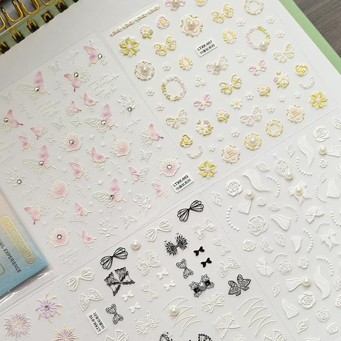 Zoance Nail Art Stickers Luxury Rhinestones Pearls 5D Embossed Customized Nail Decals, Self-Adhesive Flowers Butterflies Design Nail Stickers for Women Girls Salon Home DIY Nail Decoration Accessories