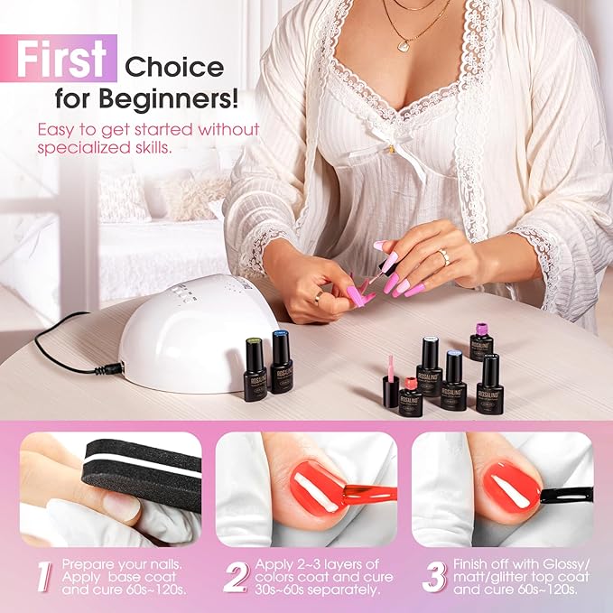ROSALIND 30pcs Gel Nail Polish Set, 26 Colors Gel Polish with 3Pcs Glossy Matte Glitter Top Coat and Base Coat All Seasons Nude Blue Red Gel Nails art Kit DIY Salon at Home (Pack of 2)