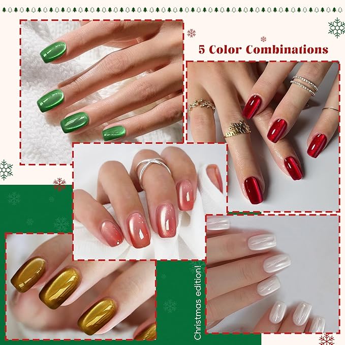 Christmas Press on Nails Short Square Set, 150pcs Jelly Glass Mirror Chrome Cat Eye Nails, Shimmer Snow White Glitter Cherry Red Ruby Holographic Elk Brown Sparkle Green Nails with Stickers