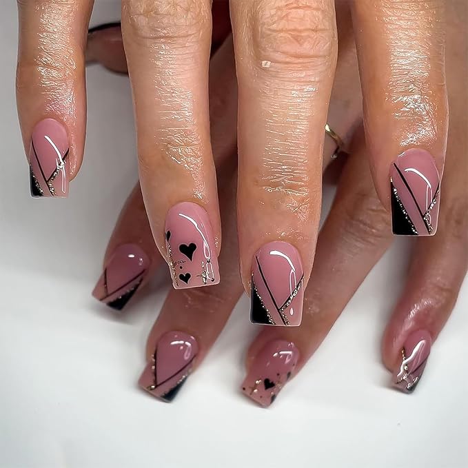 24Pcs Black French Tip Press on Nails Short Pink Fake Nails Square Shaped Heart Gold Glitter French Lines Designs Full Cover Glue on Nails Artificial Acrylic False Nails for Women Manicure Decoration
