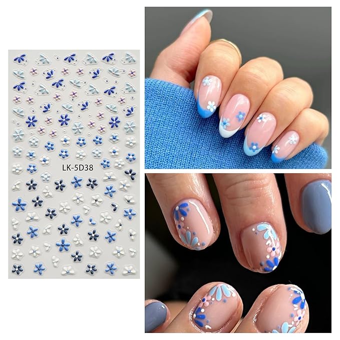 Flower Nail Art Stickers 5D Embossed Flower Nail Decals Spring Summer Blue Flowers Nails Design 3D Self-Adhesive Accessories for Women Nails DIY Decoration(5 Sheets)