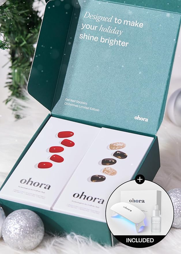 ohora Semi Cured Gel Nail Strip (2025 Christmas Gift Set (Limited Edition)) - Works with UV/LED Lamps, Salon-Quality, Long Lasting, Easy to Apply/Remove - Includes 2 Prep Pads, Nail File, Wooden Stick