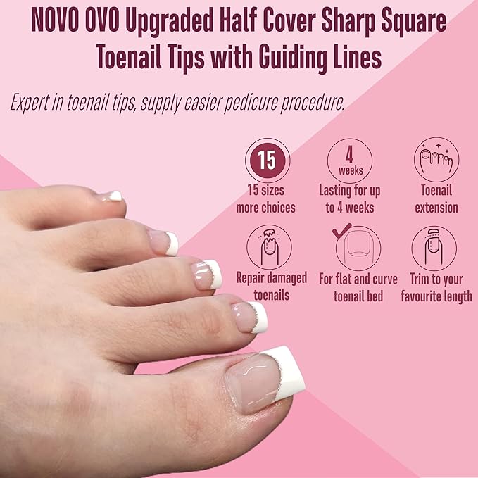 NOVO OVO Upgraded Flexible Half Cover Soft Gel Fake Toe Nail Tips with Auxiliary Line for Toenail Extension, Sharp Square Medium Wide for Men Women Acrylic pedicure in Salon x 15 Sizes 300 Pcs