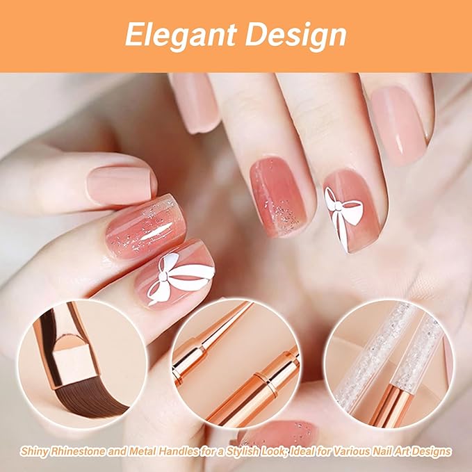 BRBASAP 5Pcs Gel Nail Brush Set Gel Nail Art Brushes with Cap Rose Gold Rhinestone Handle Liner Brush for Acrylic Hard Nails and Young Nails Professional Nail Polish Design Set for Salon DIY