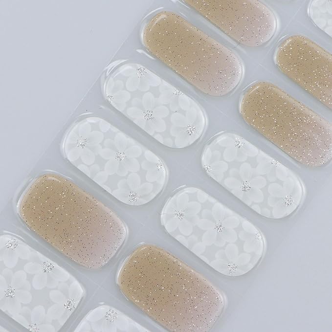 JMEOWIO Gel Nail Stickers White Flower Glitter Semi Cured Gel Nail Strips Wraps UV/LED Nails Art Design Decoration Accessories