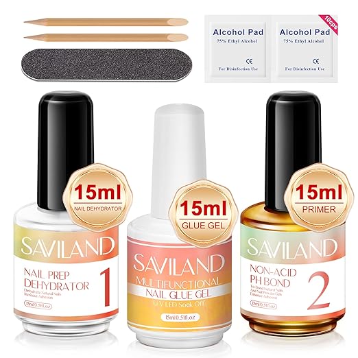 SAVILAND Nail Dehydrator and Primer: Nails Prep Kit Super Strong Nail Glue Non-Acid for Nail Studs No Lift Primer and Dehydrator for Gels Polish Press Ons DIY At Home Salon Gift for Home