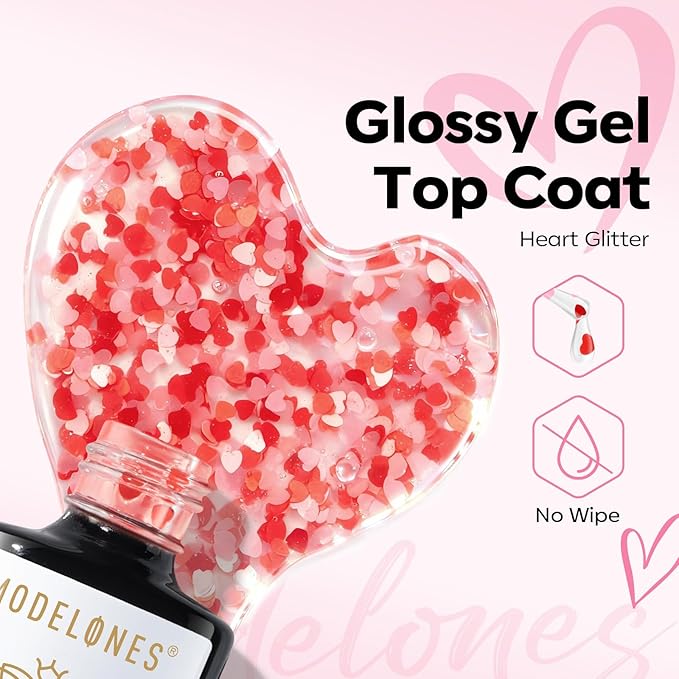 modelones Heart Glitter Gel Top Coat, Valentine's Day 15 ML No Wipe Clear Gel Nail Polish 2 in One Red Pink Color Reflective Hearts Sequins Glossy Shine Long Lasting Soak Off Manicure Gift for Women