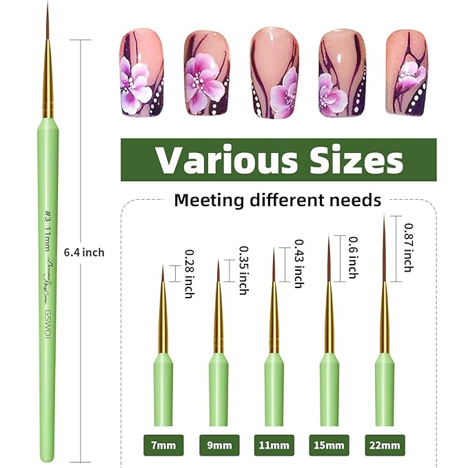 Nail Brush Set for Nail Art Liner Brushes,GSWOI 5Pcs Thin Liner Striping Brush for Nails Gel Polish Painting Designs Elongated Lines -Sizes 7/9/11/15/22mm(Green)