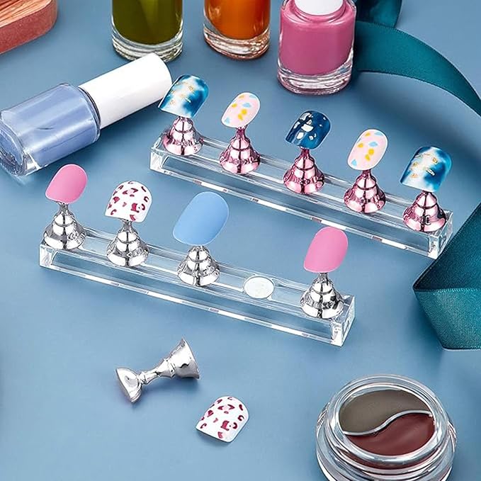Blulu 2 Sets Nail Stand for Press on Acrylic Nails Display Practice Magnetic Fake Nail Holder for Painting Nails for False Fingernail Manicure Tool Home DIY Salon Supplies(Pink and Silver)