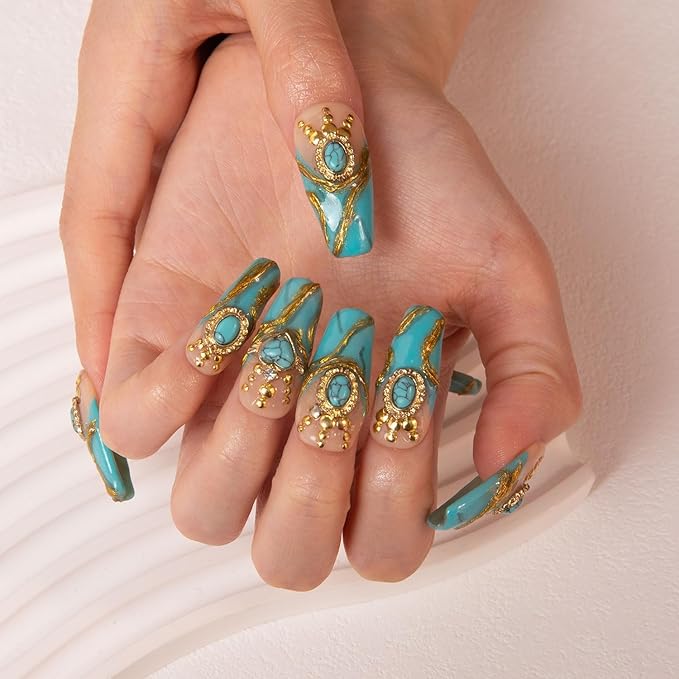 LOVFUL Press on Nails Turquoise Blue French Tip | Handmade with Full Covered Crystals | Reusable Full Cover Nails | Coffin Classic Regular 1.3 in | H122-S