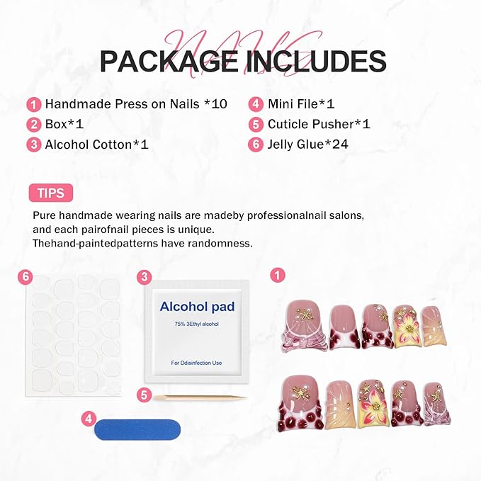 Duck Handmade Press on Nails Short Muti-Layer Gel False Nail Kit Blue Pink French Tip Fake Nails with 3D Flower Starfish and Pearl Design Luxury Artificial Full Cover Stick on Nails for Women (Size S)