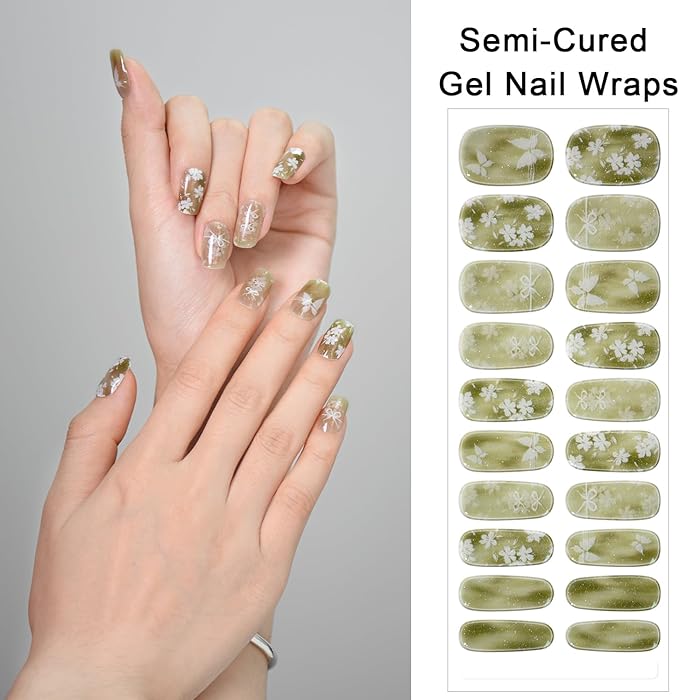 SILPECWEE Semi Cured Gel Nail Strips (Hazy Flower - 20 PCS), Gel Nail Stickers Full Wraps for Women, UV Light Required | Salon Quality | Long Lasting - Include File, Cuticle Stick