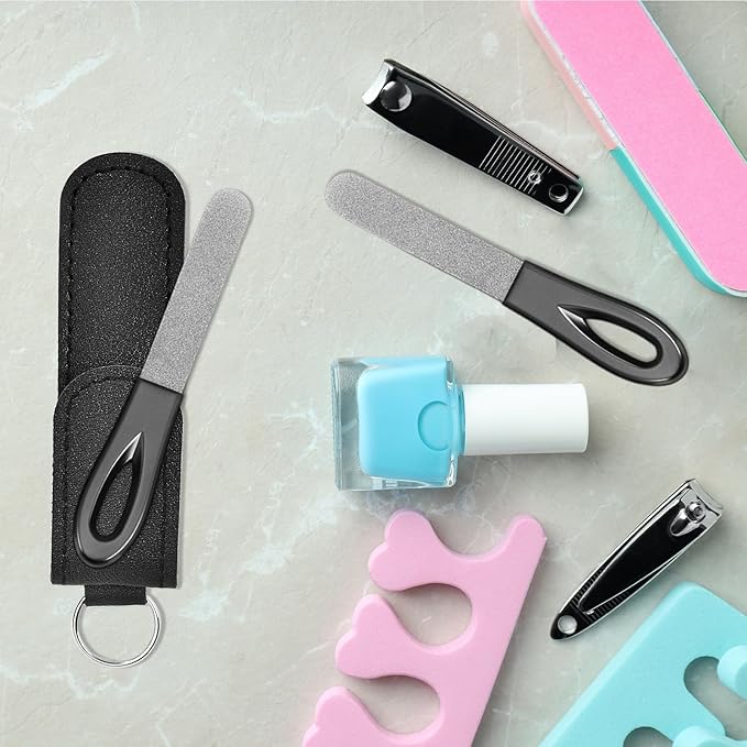 Metal Nail File with Case, 2 Pack Keychain Nail Files for Natural Nails, Fingernail Files Diamond Round Tip Stainless Steel Double Sided Fine Grit Sapphire Filer with Leather Sheath Travel Black