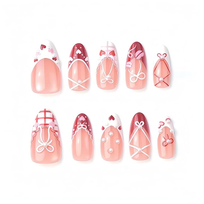 30Pcs Valentines Press on Nails Medium Almond Fake Nails with Pearl Rhinestones Designs Romantic Lips Heart False Nails Red White French Acrylic Nails Set Cute Pink Red Heart Stick on Nail for Women