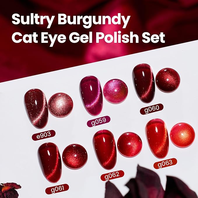 Beetles Red Cat Eye Gel Nail Polish Set - Sultry Burgundy Cat Eye Gel Polish, 6 Colors Christmas Gel Polish Kit Burgundy Dark Red Glitter Red Magnetic Soak Off UV Nail Art Manicure Gift for Women