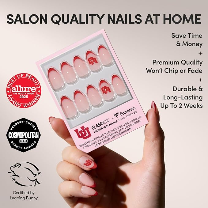 Glamnetic x Fanatics Press On Nails - Utah Utes | Short Almond Fake Nails, Collegiate Utes Red French Tips, College Nails, Salon-Quality | 15 Sizes - 30 Nail Kit with Glue