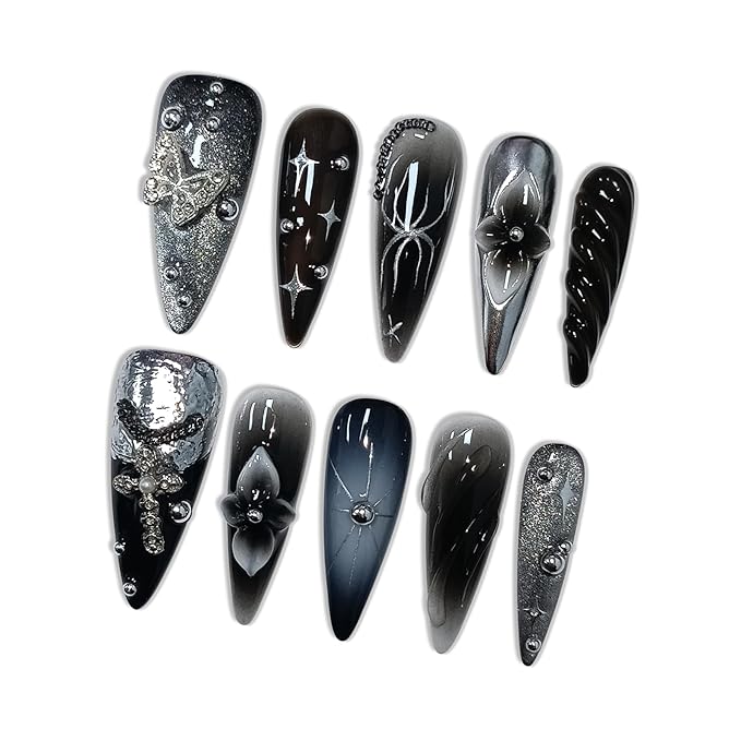 Black Grey Press on Nails with 3D Carving Flowers, Silver Butterflies & Cross Charms, Long Stiletto Glossy Edgy Fake Nails, Reusable Dark Feminine False Nails for Women Goth Party (Size S)