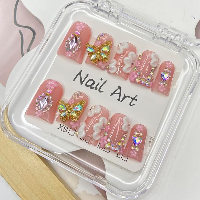 Handmade Press on Nails Butterfly Press on Nails Short Duck Shaped Fake Nails Rhinestones Acrylic Nails Full Cover Reusable Flower False Nails for Women Girls Nail Accessories (Size M)