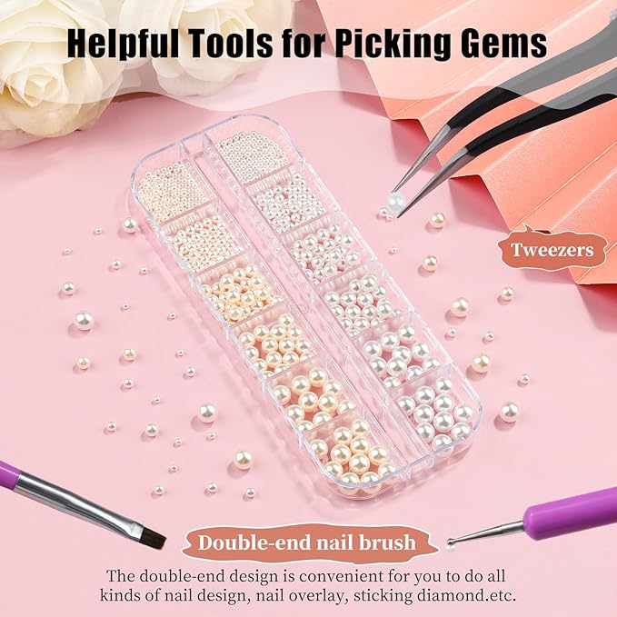 Multi Sizes Round Pearls 3D Nail Charms, 2-6mm White Pearls Nail Jewelry with Tweezers and Dual-end Brush for Women Manicure Nails Supplies DIY Crafts Decorations (21-K1-white-beads)