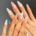 Ocean Press on Nails - Medium Almond Stick on Nails - Pearl Seashell Design - 3D Starfish False Nail Full Cover Blue Handmade Glue on Nails Glossy Summer Fake Nail for Women Manicure 24Pcs
