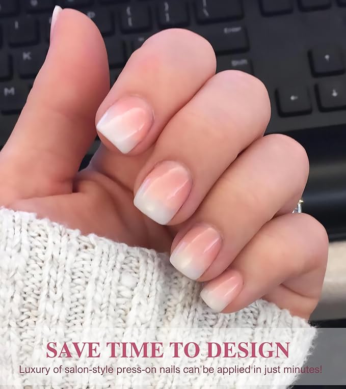 24pcs Short Press On Nails - Ombre Square Stick On, French Glue On with Jelly Sticker, Fake Nails Kit in 12 Sizes