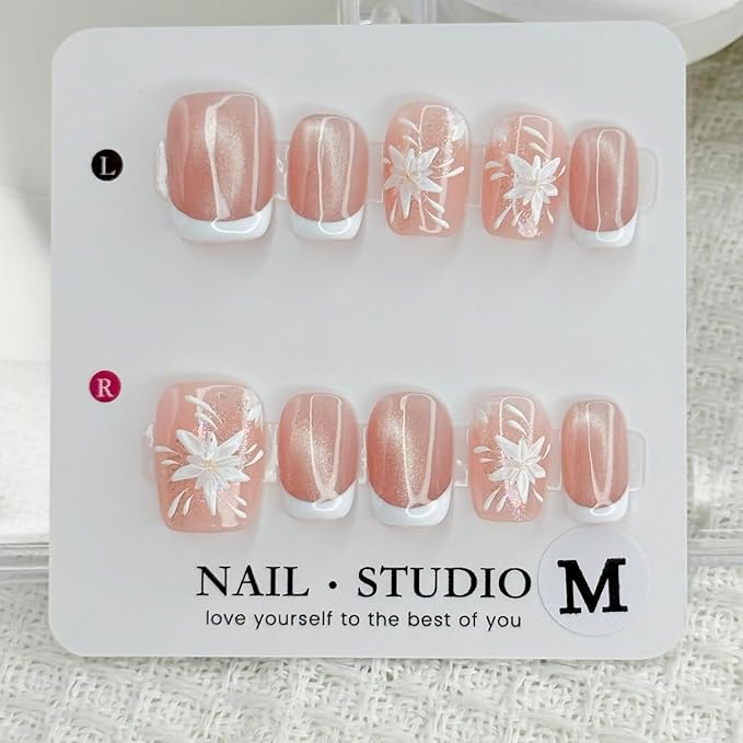 Handmade Press on Nails White French Press on Nails Short Square Fake Nails with Flower Designs Pink Sparkling False Nails Stick on Nails for Women DIY Accessories (Size M)