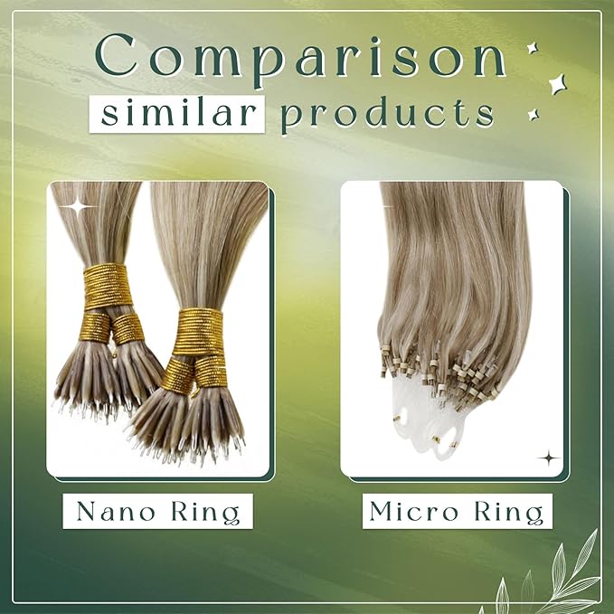 RUNATURE Human Hair Nano Hair Extensions Blonde Highlight Light Blonde Remy Straight Hair Nano Bead Hair Extensions Real Hair Cold Fusion No Shedding Can Be Curled 18 Inch 50G 50S #8P60