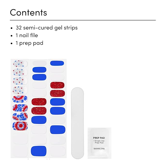 Dashing Diva Patriotic Gloss Nail Strips - Nails That I Love - UV Free, Chip Resistant, Long Lasting Gel Nail Stickers - 3-Piece Manicure Set - Contains 32 Wraps, 1 Prep Pad, 1 File