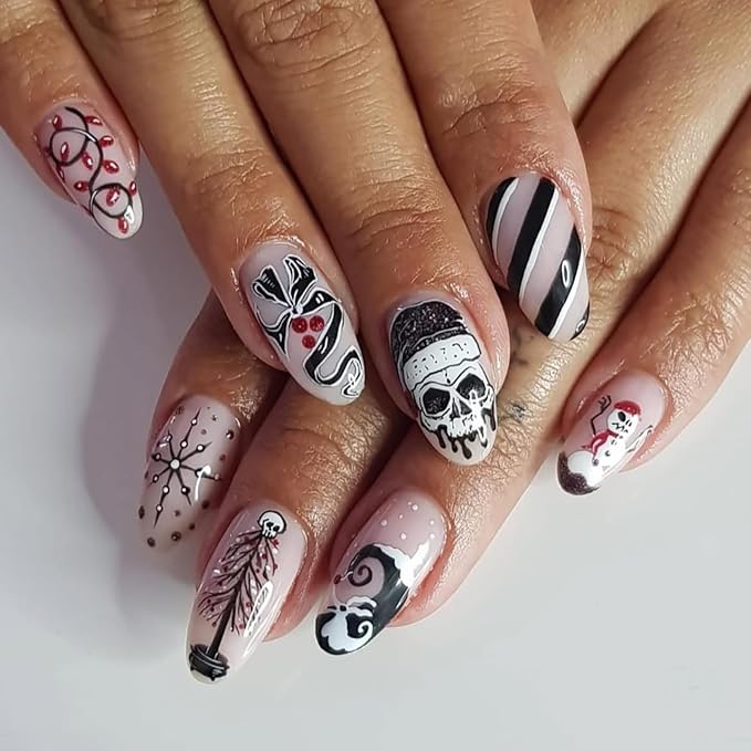 Christmas Press on Nails Medium Almond MABKJLF Fake Nails False Nails with Snowflake Snowman Skull Stripes Designs Glossy Glue on Nail Winter Full Cover Acrylic Nails for Women Girls 24Pcs