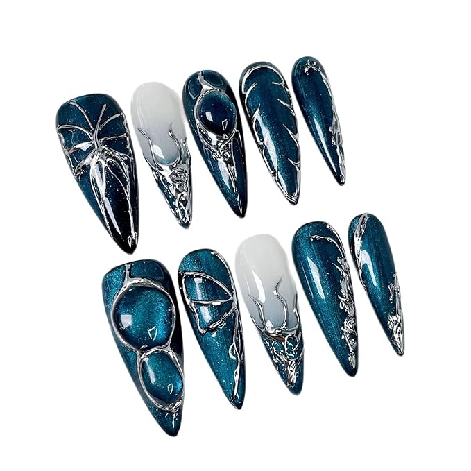 Handmade Long Press on Nails - blue Cat's Eye Full Cover Fake Nails Glossy Almond False Nails with Embossed Swirl Design Acrylic Nails P ress ons Luxury Reusable Stick on Nail for Women 10Pcs(Size M)