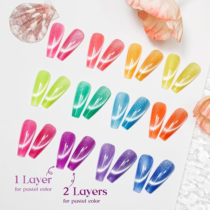 MIZHSE Neon Cat Eye Gel Polish Kit with 3D Metal Stick - 12-Color Glitter Magnetic Gel Polish Set Red Yellow Green Hot Pink Purple - Bright Nail Art Manicure Gift for Women