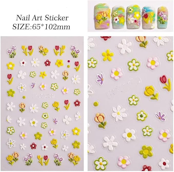 Magrace Nail Stickers for Spring 4 Sheets 5D Self-Adhesive Nail Art Decals for Women Flower Stickers Decoration