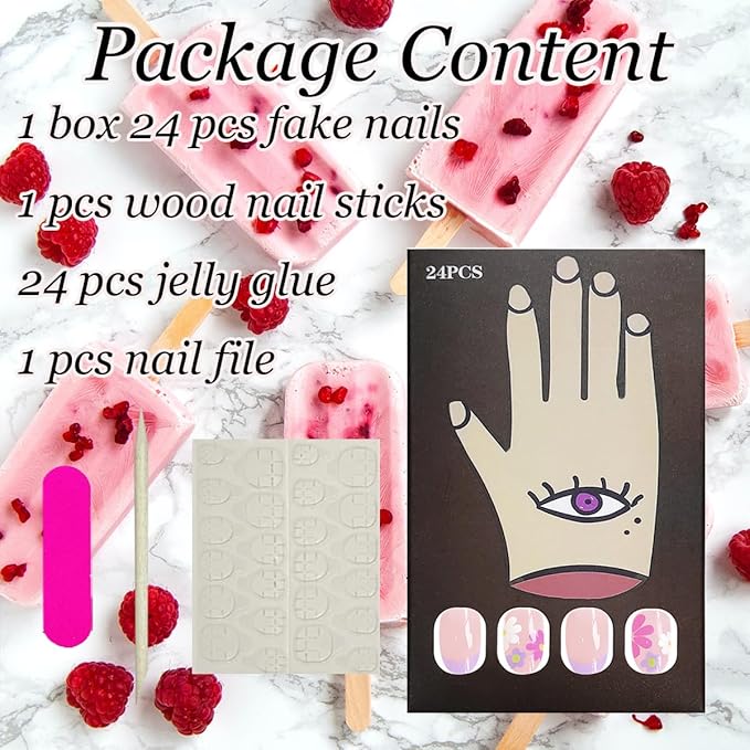 24Pcs Short Press on Nails Almond Fake Nails French Tip Press Ons Colorful Daisy Flowers Acrylic Nails Nude Pink Full Cover Glue on Nail Oval Floral False Nail for Women Girls DIY Manicure Tips